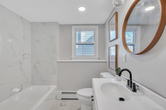 bathroom featuring toilet, shower / bathtub combination, marble finish floor, vanity, and a baseboard radiator