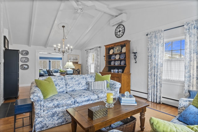 living room featuring ceiling fan with notable chandelier, lofted ceiling with beams, wood finished floors, a wall unit AC, and baseboard heating