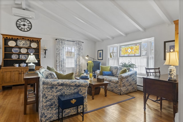 living room with lofted ceiling with beams, an AC wall unit, and hardwood / wood-style flooring