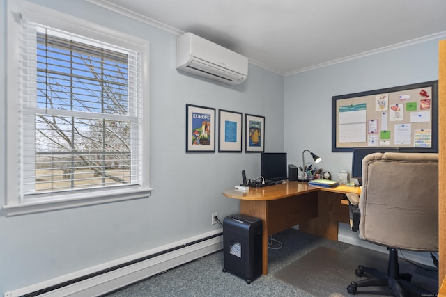 home office with a baseboard heating unit, an AC wall unit, and ornamental molding