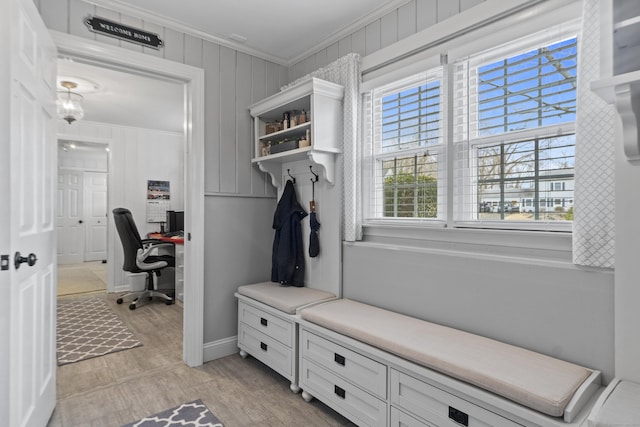 mudroom with ornamental molding and light wood finished floors