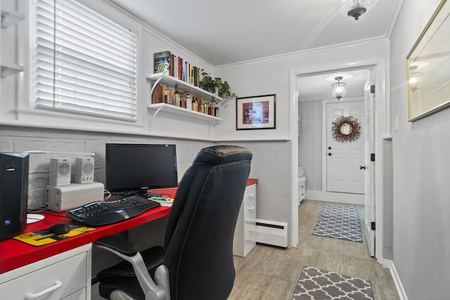 office featuring crown molding and light wood-style floors