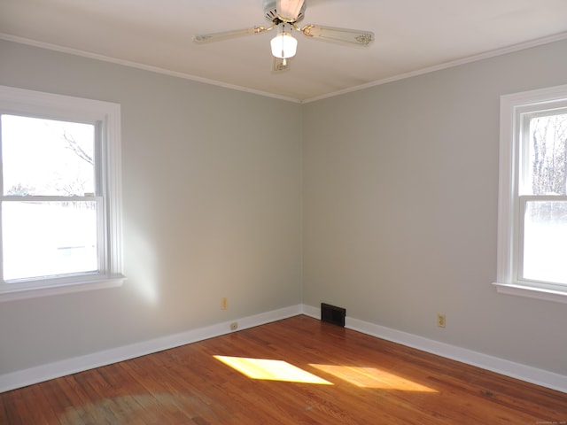 empty room featuring plenty of natural light, wood finished floors, and crown molding