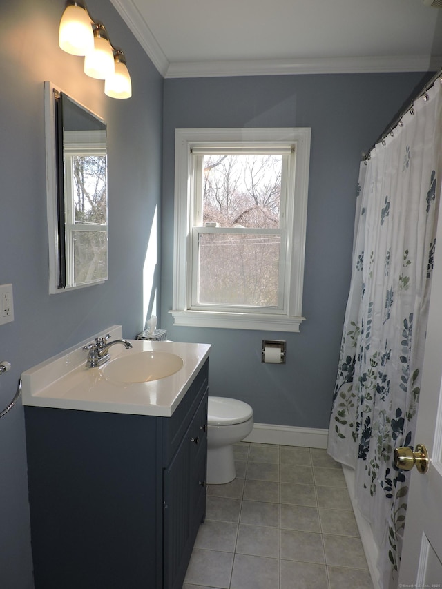 full bath with tile patterned flooring, baseboards, toilet, ornamental molding, and vanity