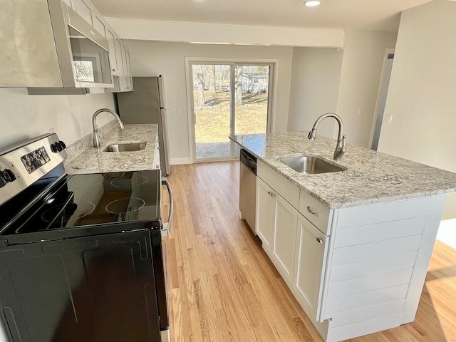 kitchen featuring white cabinetry, light wood-style floors, appliances with stainless steel finishes, and a sink