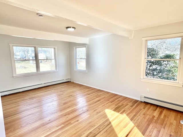 empty room with beam ceiling, light wood-style floors, baseboards, and a baseboard radiator