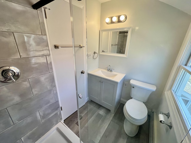 bathroom with vanity, toilet, wood finished floors, and walk in shower