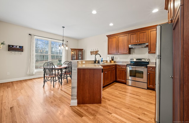 kitchen with under cabinet range hood, brown cabinets, appliances with stainless steel finishes, a peninsula, and a sink