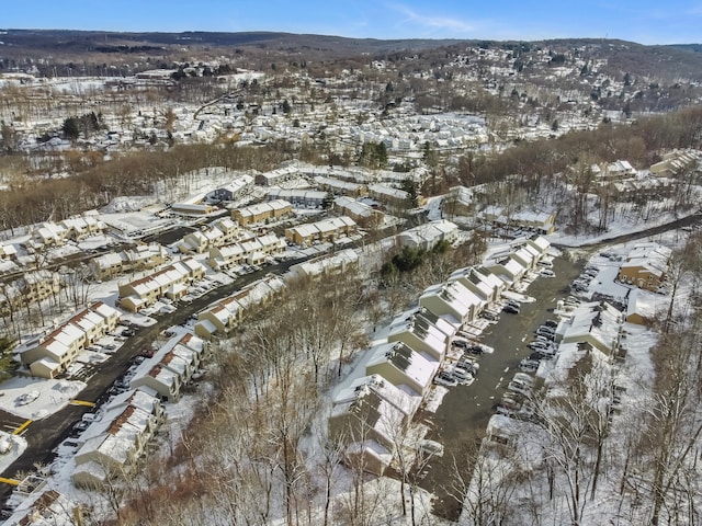 snowy aerial view with a mountain view