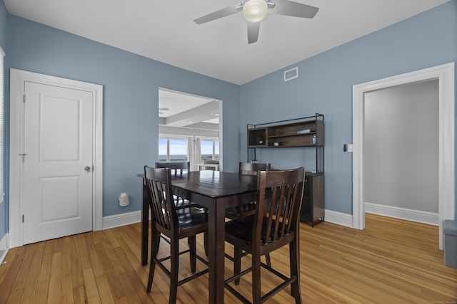 dining space featuring ceiling fan, baseboards, visible vents, and light wood-style floors