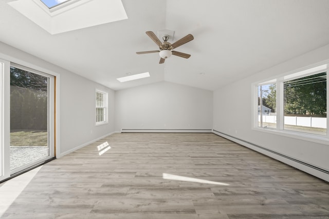 spare room featuring wood finished floors, vaulted ceiling with skylight, a healthy amount of sunlight, and baseboard heating