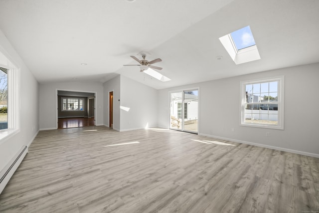 unfurnished living room with a wealth of natural light, a baseboard radiator, and light wood-style floors