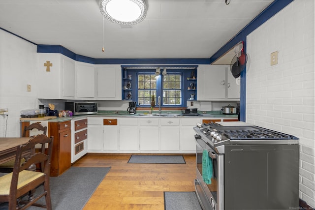 kitchen with wood finished floors, white cabinetry, stainless steel appliances, and a sink