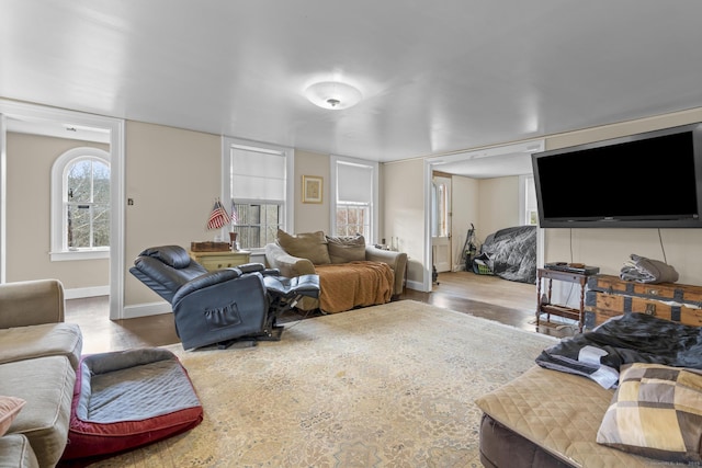 living room featuring baseboards and wood finished floors