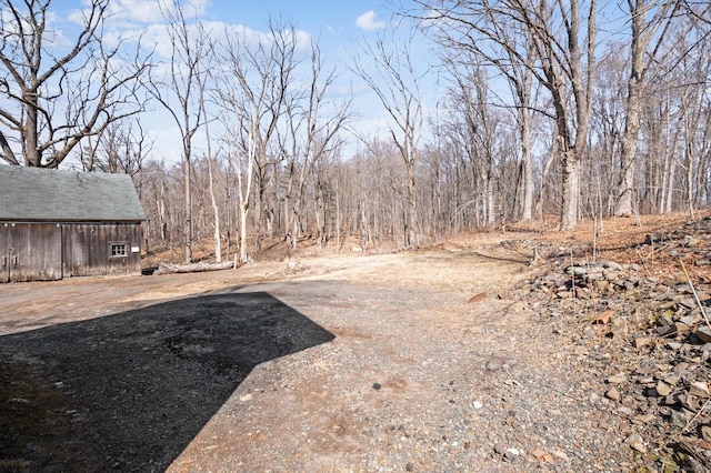 view of yard with an outbuilding, a barn, a wooded view, and driveway