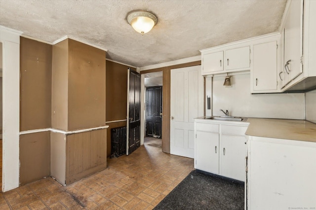 kitchen featuring white cabinets, a textured ceiling, light countertops, and a sink