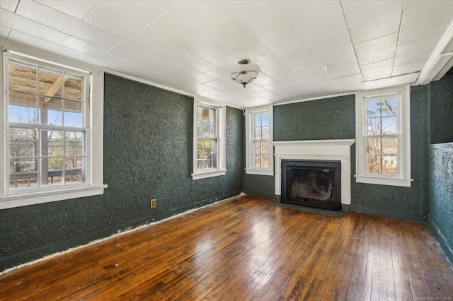 unfurnished living room with plenty of natural light, a fireplace, and hardwood / wood-style floors