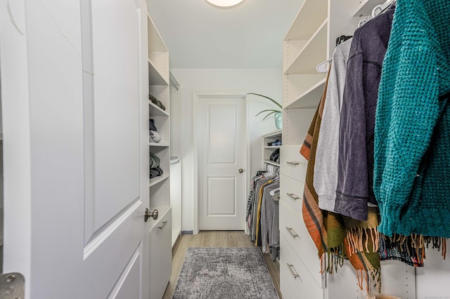 walk in closet with light wood-style flooring