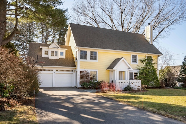 colonial house featuring a front lawn, aphalt driveway, roof with shingles, a garage, and a chimney