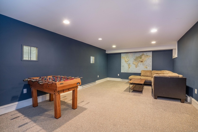 playroom featuring a baseboard heating unit, carpet flooring, recessed lighting, and baseboards