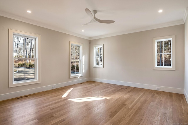 412 Tanner Marsh Rd, Guilford, CT 06437 - unfurnished room featuring ornamental molding, ceiling fan, baseboards, light wood finished floors, and recessed lighting