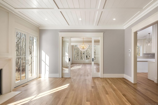 412 Tanner Marsh Rd, Guilford, CT 06437 - unfurnished dining area with a chandelier, wood ceiling, healthy amount of natural light, light wood finished floors, and baseboards
