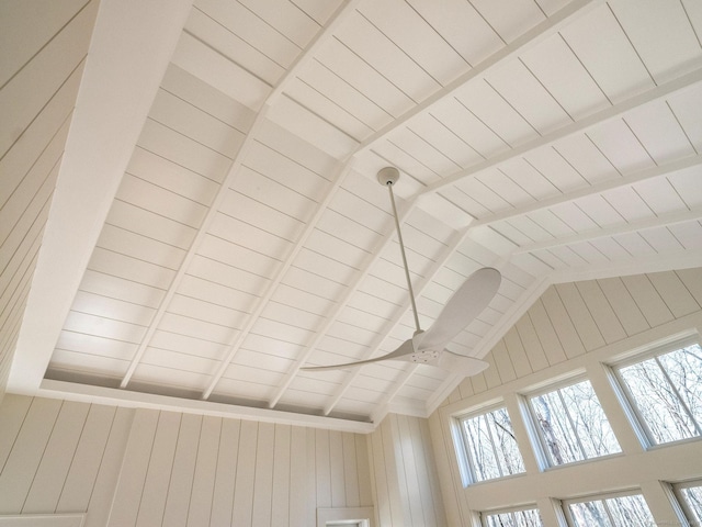 412 Tanner Marsh Rd, Guilford, CT 06437 - detailed view of wooden ceiling, ceiling fan, beamed ceiling, and wooden walls