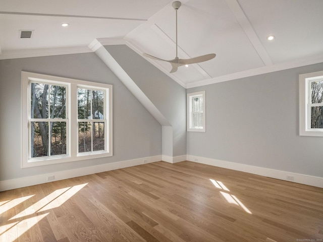 412 Tanner Marsh Rd, Guilford, CT 06437 - additional living space with lofted ceiling, wood finished floors, a ceiling fan, baseboards, and recessed lighting