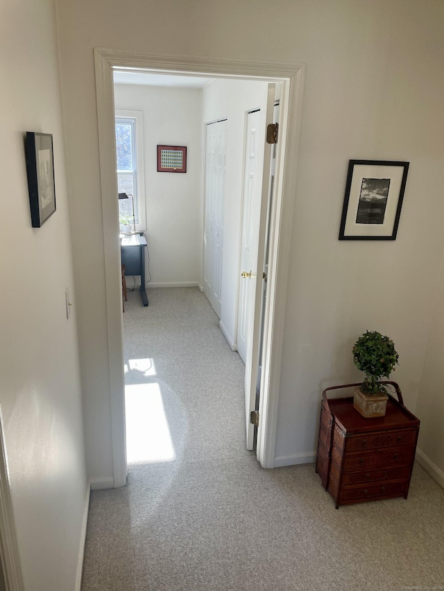 hallway featuring baseboards and carpet flooring