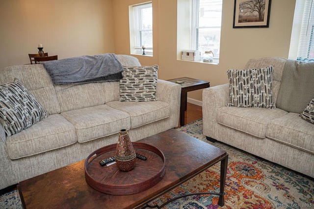 living room featuring wood finished floors and baseboards