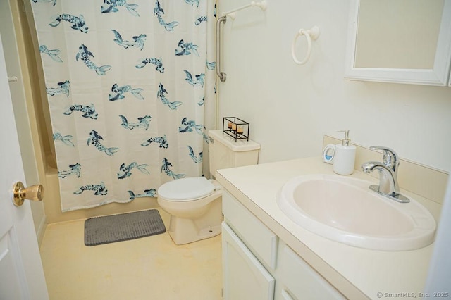 full bath featuring vanity, toilet, tile patterned flooring, and shower / tub combo with curtain