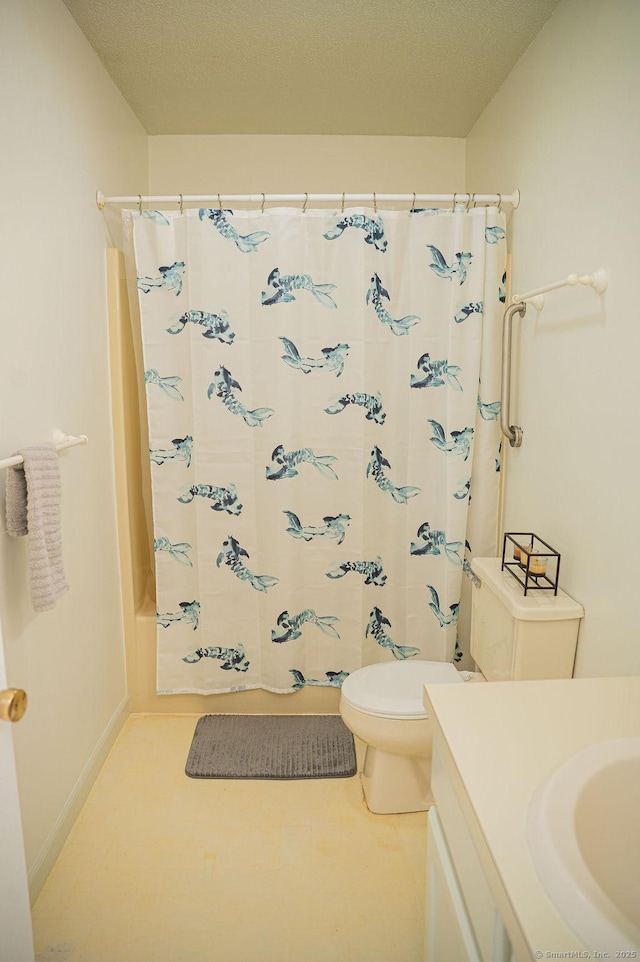 full bathroom featuring vanity, shower / bath combo, a textured ceiling, tile patterned floors, and toilet