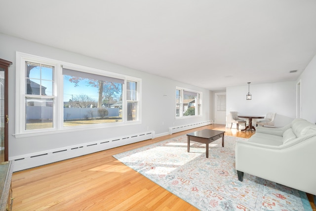 living area featuring visible vents, wood finished floors, and a baseboard radiator