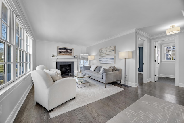 living room with dark wood finished floors, plenty of natural light, a fireplace, and ornamental molding