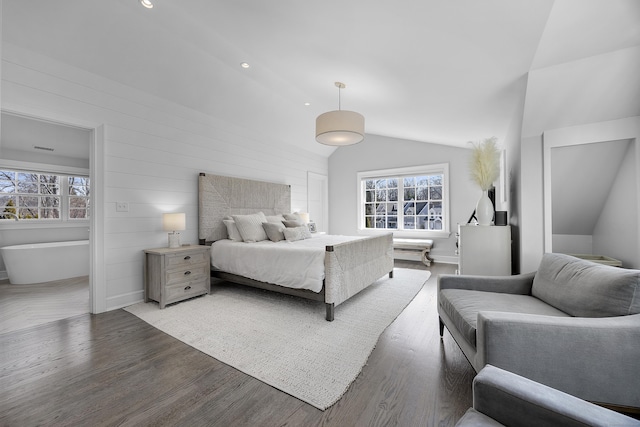 bedroom with recessed lighting, wood walls, light wood-type flooring, and lofted ceiling