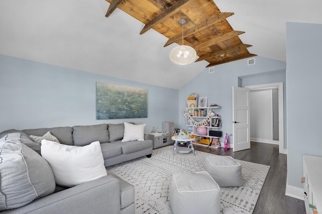 living area with wooden ceiling, vaulted ceiling with beams, wood finished floors, and baseboards