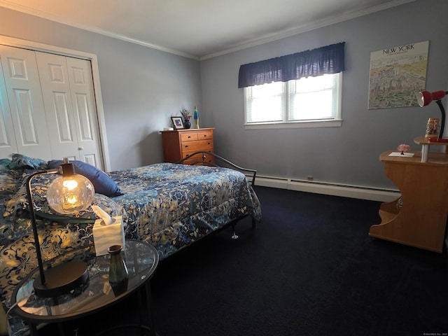 bedroom featuring a closet, carpet floors, crown molding, a baseboard radiator, and baseboards