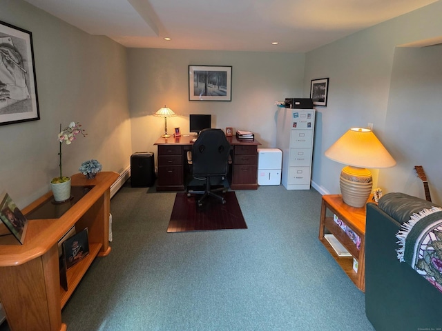 office with recessed lighting and a baseboard radiator