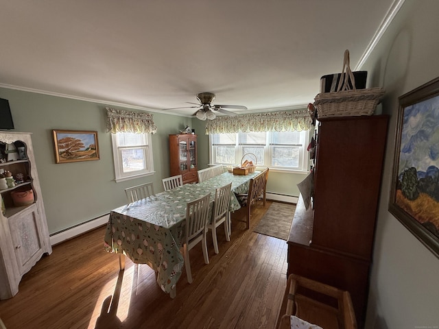 dining room with plenty of natural light, dark wood-style flooring, and a baseboard radiator