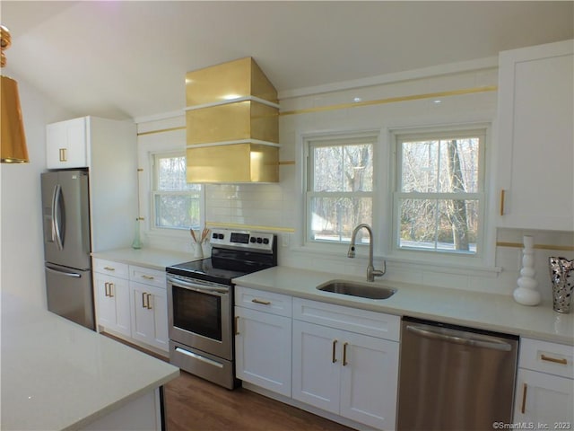 kitchen featuring backsplash, a wealth of natural light, stainless steel appliances, white cabinetry, and a sink