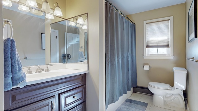 bathroom with tile patterned floors, toilet, curtained shower, baseboard heating, and vanity