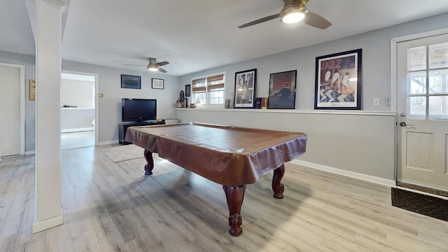 recreation room featuring billiards, a ceiling fan, wood finished floors, baseboards, and baseboard heating