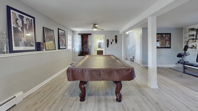 rec room featuring baseboards, baseboard heating, wood finished floors, and billiards