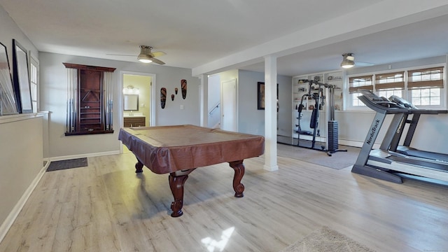 game room featuring ceiling fan, baseboards, wood finished floors, and pool table