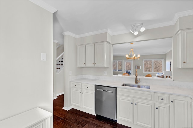 kitchen with stainless steel dishwasher, a sink, an inviting chandelier, white cabinetry, and dark wood-type flooring