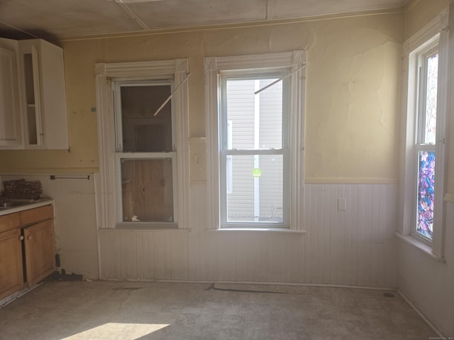 unfurnished dining area featuring a wainscoted wall and wooden walls