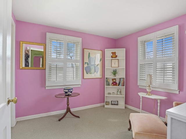 sitting room featuring carpet and baseboards