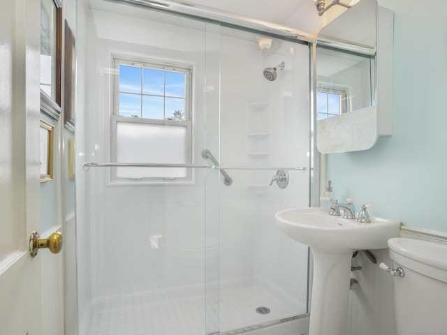 bathroom with a stall shower and toilet