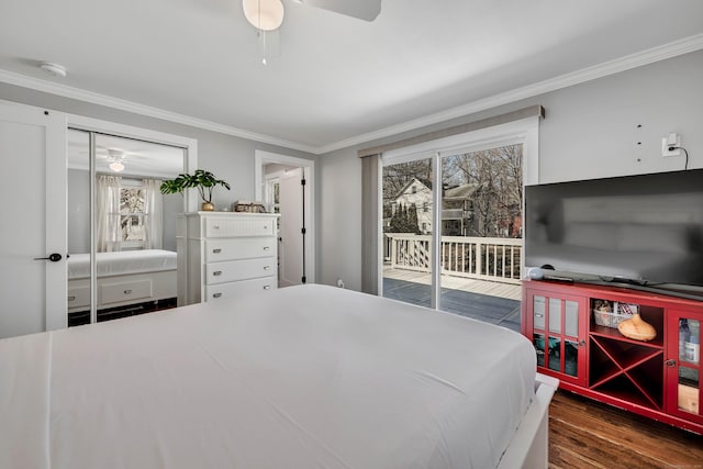 bedroom with wood finished floors, crown molding, a ceiling fan, and access to outside