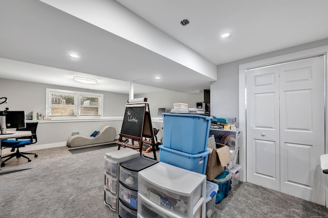 interior space with recessed lighting, baseboards, and carpet floors